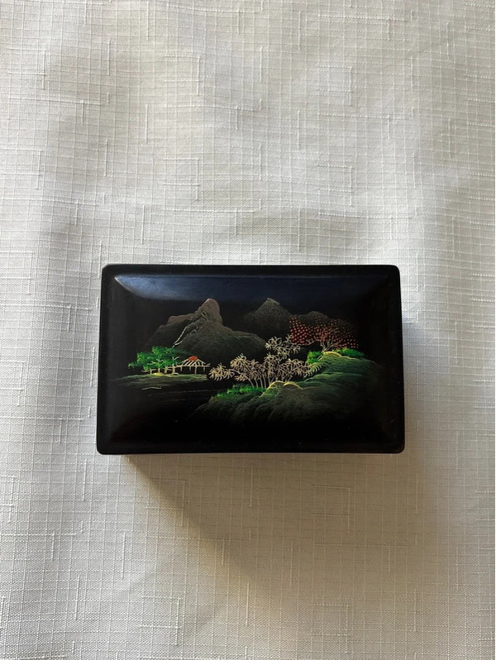 Vintage Oriental Black Laquer Hand Painted Small Rectangular Trinket Box 3x4"